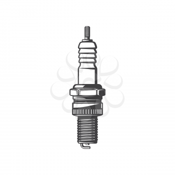 Sparkplug metal threaded cylinder with central and lateral electrodes isolated monochrome icon. Vector sparking plug device firing mixture in combustion engine. Spark- plug electric current source