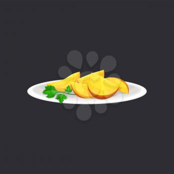 Baked potato wedges with green parsley green on ceramic plate isolated. Vector country style potato with greens in white bowl, fried potato in rural style. Served roasted vegetable wedges with spices