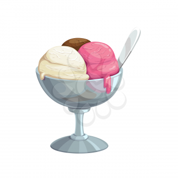 Ice cream, fast food dessert sweets, vector menu isolated icon. Ice cream chocolate, vanilla, and strawberry pink scoop in bowl cup, fastfood cafeteria or gelateria dessert sundae or sorbet icecream