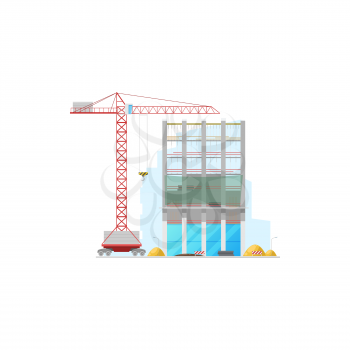 Tall office building construction isolated facade and lifting crane icon. Vector machinery and stop signs, piles of build materials. House construction site, store warehouse or office building