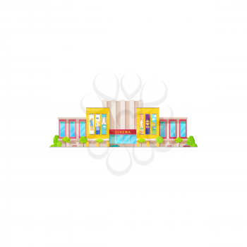 Cinema building icon, movie theater entrance exterior and front facade, vector. Modern cinema, city theatre with premiere signage and movie posters, entertainment show hall, urban architecture
