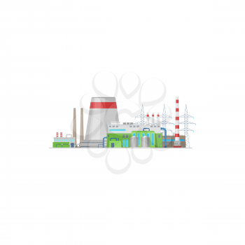 Power plant or energy station and factory towers vector electric industry icon. Power plant nuclear, chemical or thermal factory building with turbines, boilers and chimneys, oil and gas pipeline