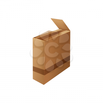 Box package with adhesive tape isolated open box icon. Vector delivery packaging with sticky tape. Carton container, fragile goods delivery, side view. Cardboard box, brown container or taped parcel