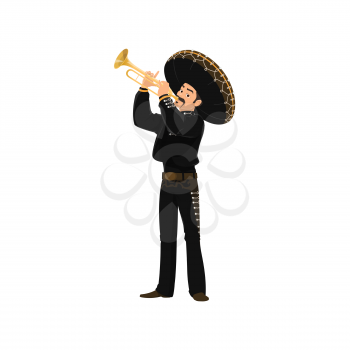 Mariachi mexican musician playing on trumpet. Vector spanish man in black costume and sombrero hat playing on musical instrument. Cartoon character latino music band member in national costume