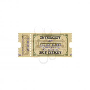 Intercity bus ticket isolated template. Vector central bus station control pass, date and departure time mention, admission to go by public city transport. Cardboard control coupon, admit one