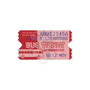 Single bus ticket on city transport isolated retro coupon template. Vector date, time and control number perforation, perforated carton card. Public transport vintage one way or single trip ticket