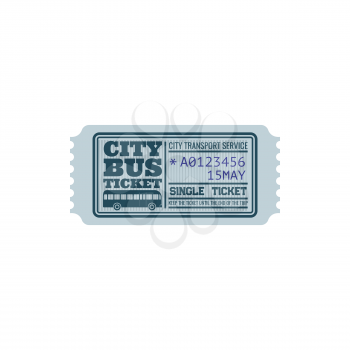 Ticket on bus, city transport service isolated retro blue coupon with control number and date. Vector single boarding, coupon on intercity transport. One way or single ticket, keep until end of trip