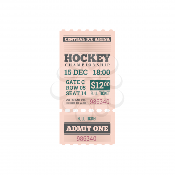 Ice hockey admit one on ice arena, vintage ticket with cutting line isolated mockup. Vector winter sport tournament invitation card, date and seat, control line. First league championship retro ticket