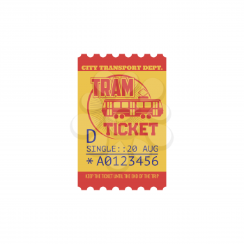 Single ticket on tram class D, control line. Vector retro one trip paper coupon with perforated cut line. Boarding on tram ticket control with date, city transport access. Transportation vintage pass