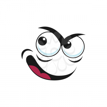 Cartoon plot face vector gloat smile emoji with angry eyes and smiling mouth. Evil facial expression, fiend conspiracy laugh isolated on white background