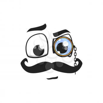Cartoon face with mustaches and monocle on eye. Vector gentleman or detective character emoji, hipster or victorian style vintage fashion isolated on white background