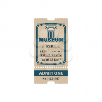 Full ticket to city history museum isolated coupon. Vector admit one with free excursion, vintage coupon with antique historical building. Exhibition in historical museum, voucher access single entry