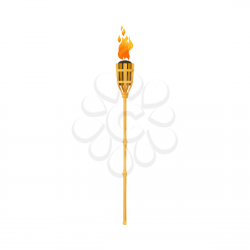 Torch fire flame, Medieval ancient burning lamp, vector icon. Torch on wood bamboo stick, tribal fire lantern, Hawaii tiki burning flambeau or torchlight fire on wood pipe