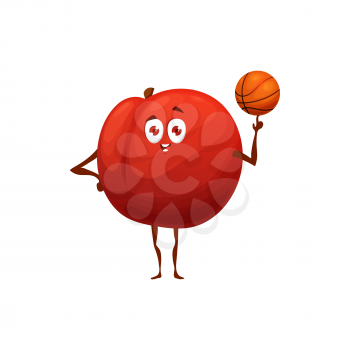 Apple fruit playing basketball, healthy food in fitness and sport activity, vector cartoon character. Happy apple fruit with basketball ball, natural organic food nutrition and vitamins