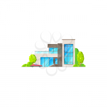 Home on sale or rent, urban realistic chalet isolated real estate building. Vector country dwelling outdoor facade, suburban house with panoramic windows. Villa urban home with garden and parking zone