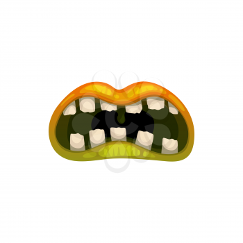 Monster mouth vector creepy zombie or alien roar jaws with chipped teeth and green or yellow lips. Halloween creature roaring cartoon mouth isolated on white background