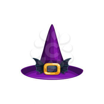 Cartoon witch hat vector icon, violet magician headwear with golden buckle and bat wings. Wizard cap with cone crown, halloween costume isolated on white background