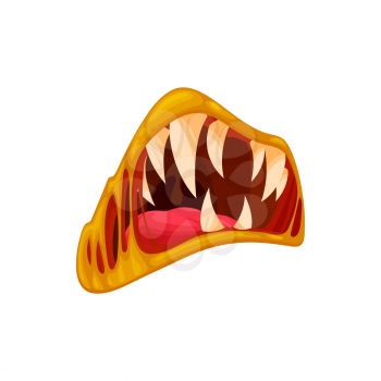 Monster mouth vector icon, creepy zombie or alien roar jaws with sharp teeth, gooey saliva and yellow lips, Halloween creature roaring mouth isolated on white background