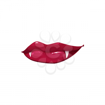 Vampire mouth with sharp fangs vector icon. Cartoon closed female red lips with long pointed white teeth express emotion isolated on white background