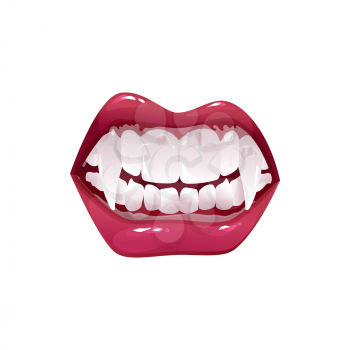 Vampire mouth with fangs vector icon, creepy monster grinning jaws. Cartoon open female red lips with long sharp teeth isolated on white background