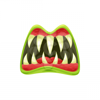 Monster mouth vector icon, creepy zombie or alien jaws with sharp teeth, green lips and red tongue. Halloween creature roaring mouth isolated on white background