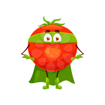 Cartoon tomato super hero isolated vector icon. Funny vegetable in cloak and mask with arms akimbo. Fairytale character, healthy food, vitamin superhero personage