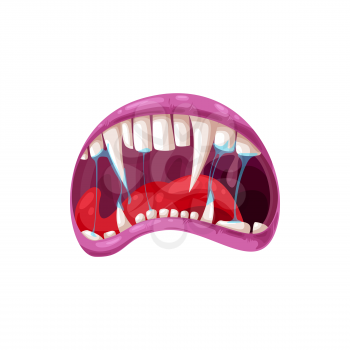 Vampire mouth with fangs vector icon. Cartoon open scary jaws with long pointed teeth and gooey saliva dripping, monster maw roar or yell isolated on white background