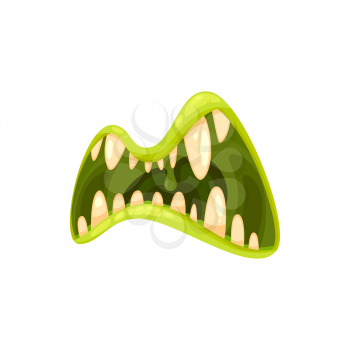 Monster mouth vector icon, creepy zombie or alien roar jaws with sharp yellow teeth and green lips, Halloween creature roaring mouth isolated on white background