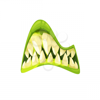 Monster mouth vector icon, creepy zombie or alien gnash jaws with sharp yellow teeth, green lips and gooey saliva. Halloween creature mouth isolated on white background