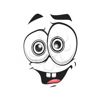 Cartoon face isolated vector icon, delighted smile facial emoji of funny creature. Happy emotion, comic face with toothy smiling mouth and goggle round eyes with wide pupils