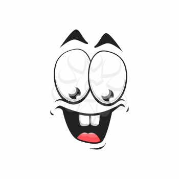 Cartoon face isolated vector icon, wide delighted smile facial emoji of funny stupid creature, happy emotion, comic face with toothy smiling mouth and round eyes