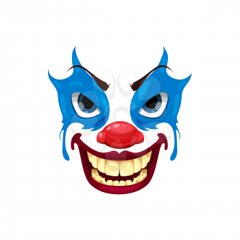 Scary clown face vector icon, Halloween funster character. Emoticon mask with makeup, red nose, angry eyes and creepy smile with sharp teeth, isolated horror creature emoji