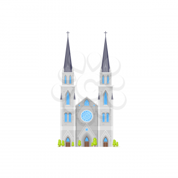 Cathedral church building, temple and chapel vector medieval architecture icon. Catholic or christian religion Gothic church or ancient cathedral facade, flat icon