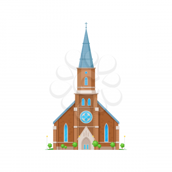 Church or chapel of cathedral, medieval gothic temple building, vector religion place architecture. Christian catholic or evangelic church with crosses on steeples, flat facade