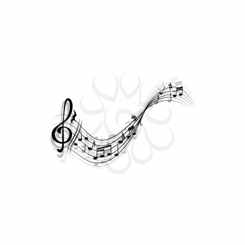 Music sheet with treble clefs and notes isolated monochrome icon. Vector clef sign, modern musical composition on paper, curve note lines and swirls. Quarter crotchets, bass melody swirls