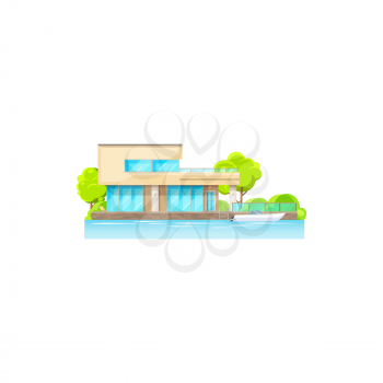 Home on seaside, ocean, lake or river coast, trees and boat on water isolated. Vector private property, real estate villa for sale rent, facade exterior of modern building construction on river coast