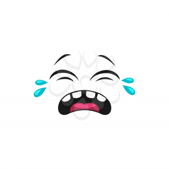 Depressed sad unhappy emoticon in sorrow, reviled feeling character isolated icon. Vector resentful annoyed offended crying emoji. Weeping face, insulted smiley. Mourning emoticon with winked eyes