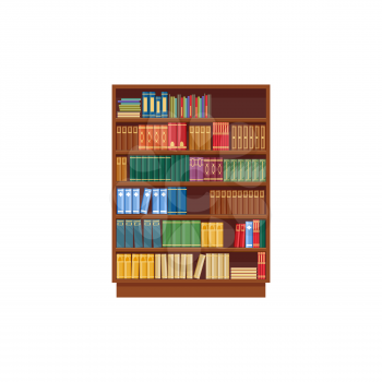 Bookcase vector icon, cartoon library shelf with books, wooden storage with colorful textbooks, literature bookstore isolated on white background. Science, education sign