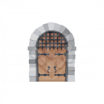 Cartoon door vector icon, medieval wooden gates with stone arch, forged hinges, grating and handles. Fairytale arched entry, palace or castle exterior design element