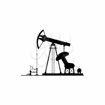 Oil derrick vector icon, black silhouette of rigs pumping gas or fuel isolated on white background. Chemical industry equipment for resource extraction sign