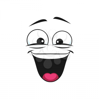 Satisfied emoji isolated emoticon in good mood. Vector glad smiley with open mouth, funny laughing head. Vector pleased positive facial emotion of joy and happiness. Satisfied emoji support center bot