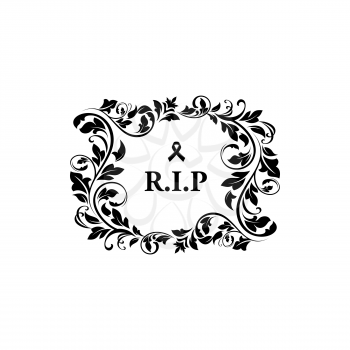 Funeral card, vintage condolence floral vector wreath with plant leaves flourishes, obituary black ribbon and rip text. Monochrome retro frame, obsequial memorial, funeral sorrowful card