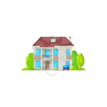 Cottage house in cartoon style with balcony, entrance door and windows. Vector real estate property villa outdoor facade, town family mansion with green trees. Residential building on sale or rent