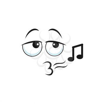 Singing character emoticon with kissing lips, singer facial expression with note melody sign isolated icon. Vector singer face expression with music sign. Emoji singing song, avatar expressing sounds