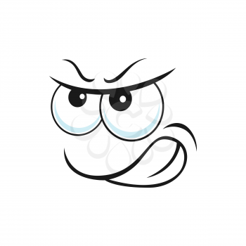 Distrusted mood face expression isolated distrustful emoji with big eyes curved mouth isolated. Vector questioned smile, suspicious emoticon, questionable angry uncertain smiley, doubtful face