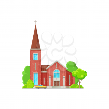 Tower of evangelical church isolated catholic architecture building of red brick, orthodox cross on top isolated cartoon icon. Vector spiritual house to hold holly wedding ceremonies protestant church