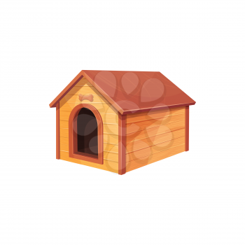 Doghouse isolated wooden dog house realistic icon. Vector wooden home of dog with roof and bone above enter. Empty construction for pet animals, brown cabin building flat design, outside outdoor house
