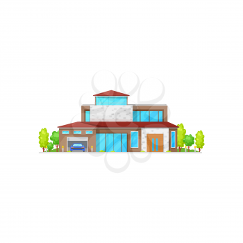 Modern house with car in garage, green trees, american building facade exterior isolated icon. Vector log facade townhouse or cottage, villa on rent and sale. City architecture element, family house