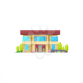 Cottage house facade exterior isolated cartoon building. Vector real estate cottage, country house with green trees and potted plants in yard. City street architecture building, townhouse construction