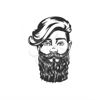 Handsome male with stylish hairstyle, brutal hipster portrait isolated monochrome icon. Vector gentleman with beard and moustaches, elegant barista or bartender, unshaved fisherman, retro man